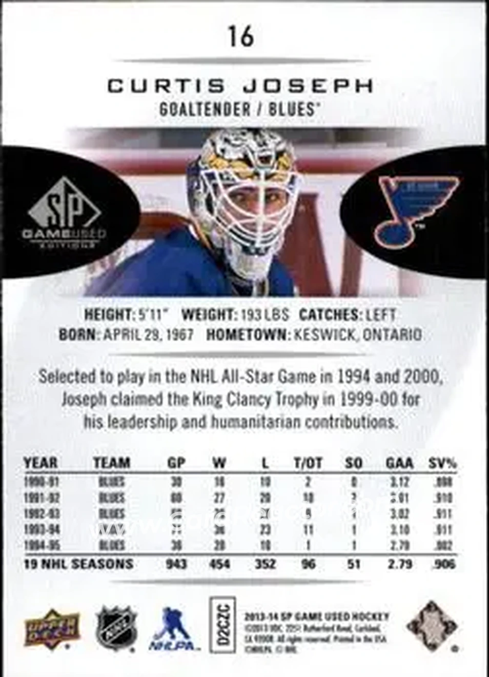 2013-14 SP Game Used #16 - Curtis Joseph - Toronto Maple Leafs - Back
