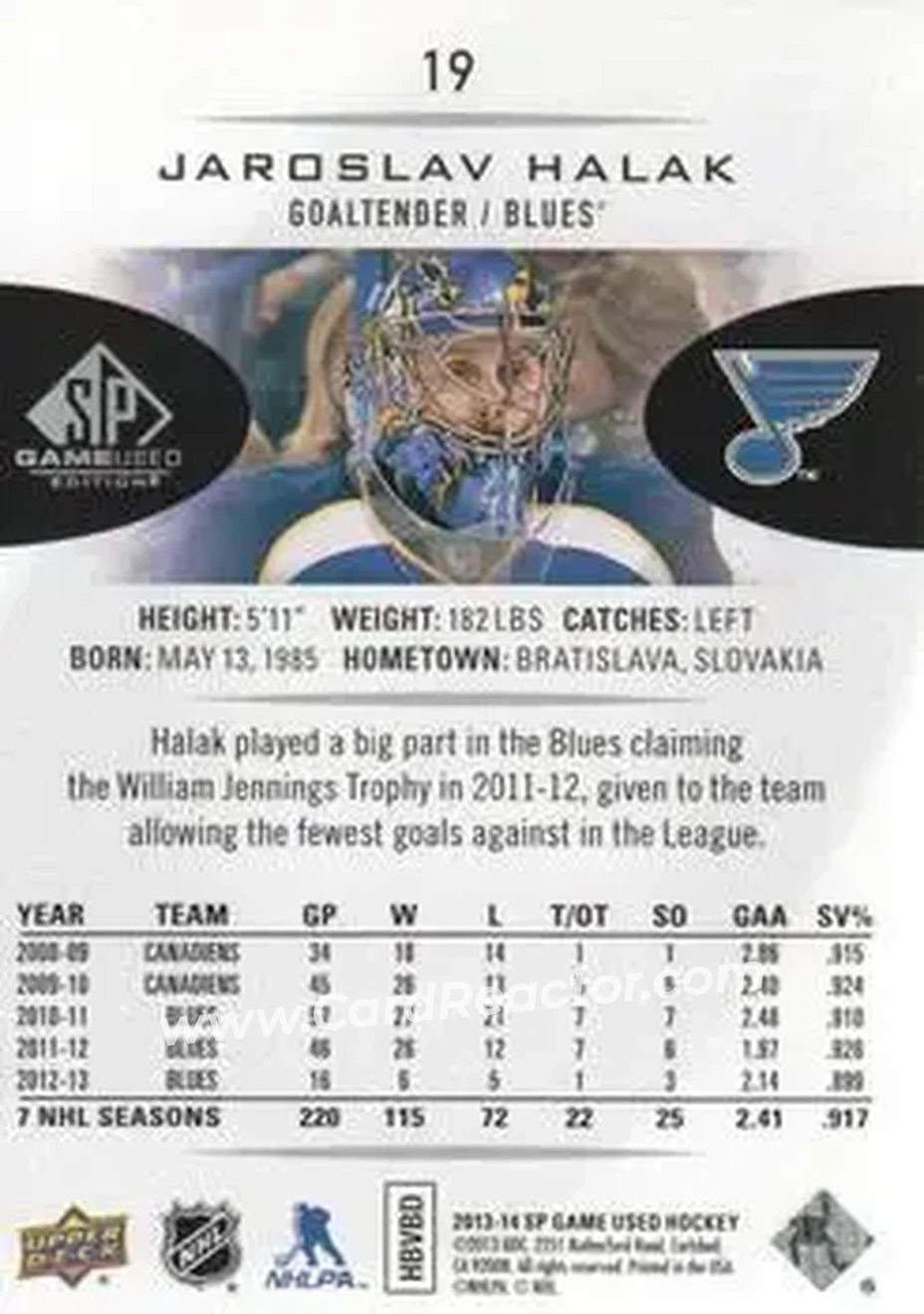2013-14 SP Game Used #19 - Jaroslav Halak - St. Louis Blues - Back