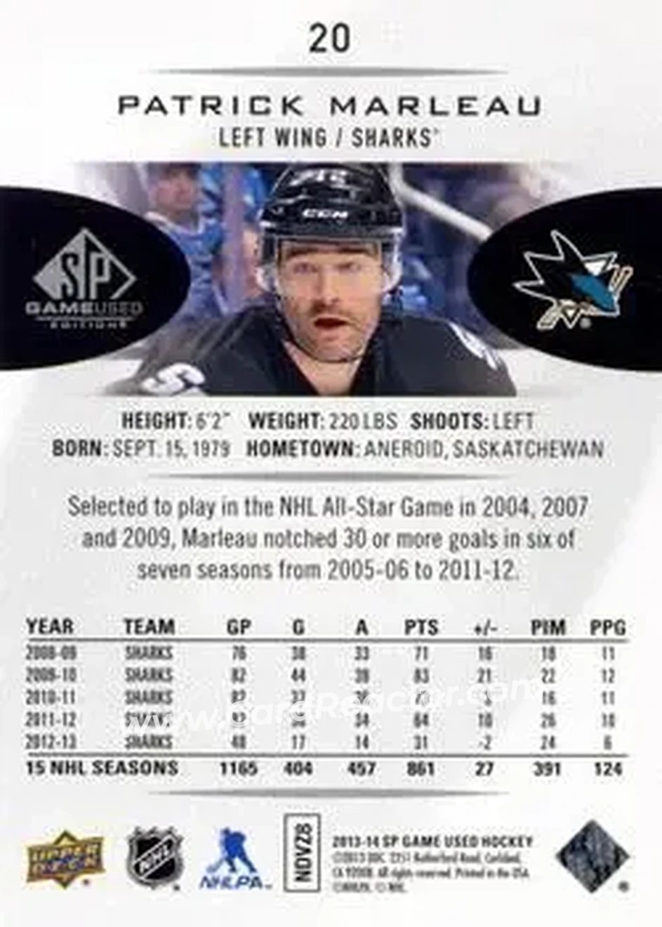 2013-14 SP Game Used #20 - Patrick Marleau - San Jose Sharks - Back