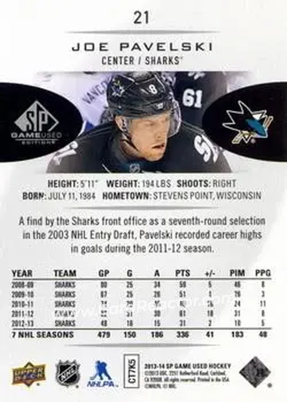2013-14 SP Game Used #21 - Joe Pavelski - San Jose Sharks - Back