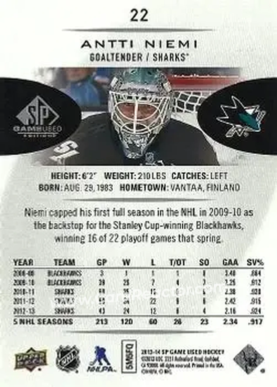 2013-14 SP Game Used #22 - Antti Niemi - San Jose Sharks - Back