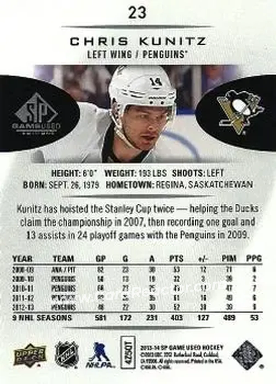 2013-14 SP Game Used #23 - Chris Kunitz - Pittsburgh Penguins - Back 2013-14 SP Game Used #23 - Chris Kunitz - Pittsburgh Penguins - Back