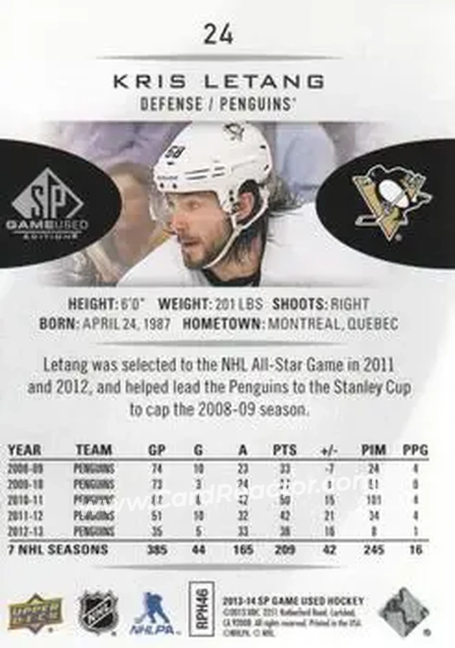 2013-14 SP Game Used #24 - Kris Letang - Pittsburgh Penguins - Back