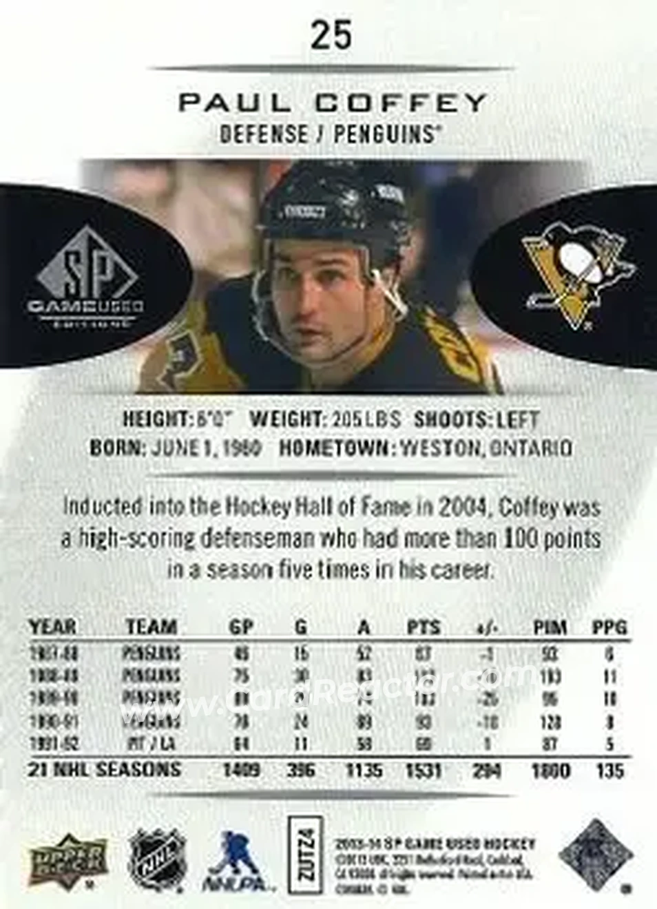 2013-14 SP Game Used #25 - Paul Coffey - Pittsburgh Penguins - Back