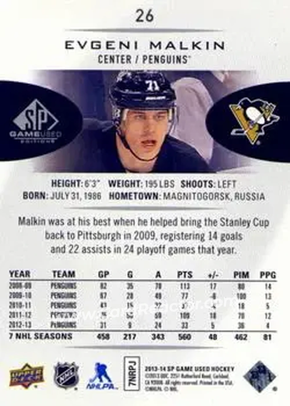 2013-14 SP Game Used #26 - Evgeni Malkin - Pittsburgh Penguins - Back 2013-14 SP Game Used #26 - Evgeni Malkin - Pittsburgh Penguins - Back