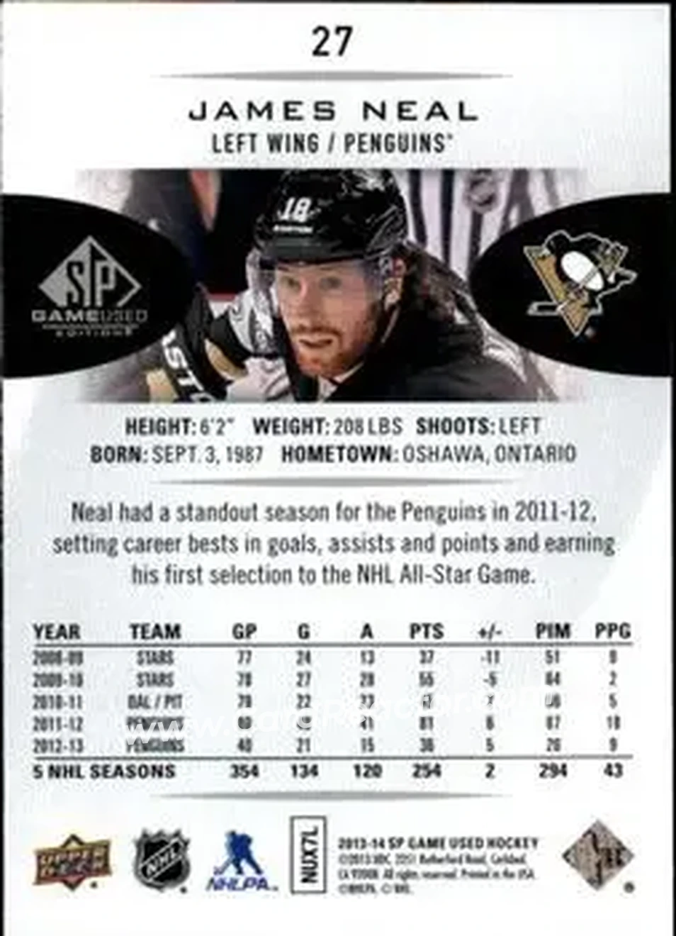 2013-14 SP Game Used #27 - James Neal - Pittsburgh Penguins - Back