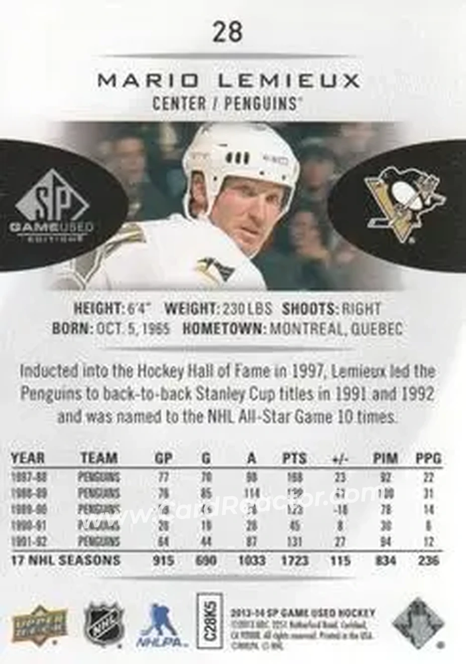 2013-14 SP Game Used #28 - Mario Lemieux - Pittsburgh Penguins - Back