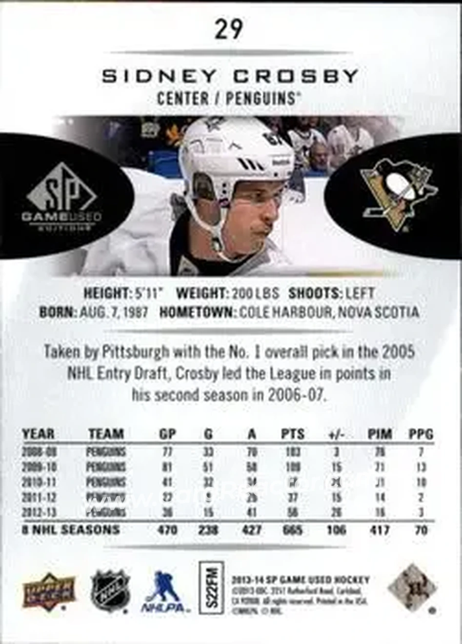 2013-14 SP Game Used #29 - Sidney Crosby - Pittsburgh Penguins - Back 2013-14 SP Game Used #29 - Sidney Crosby - Pittsburgh Penguins - Back