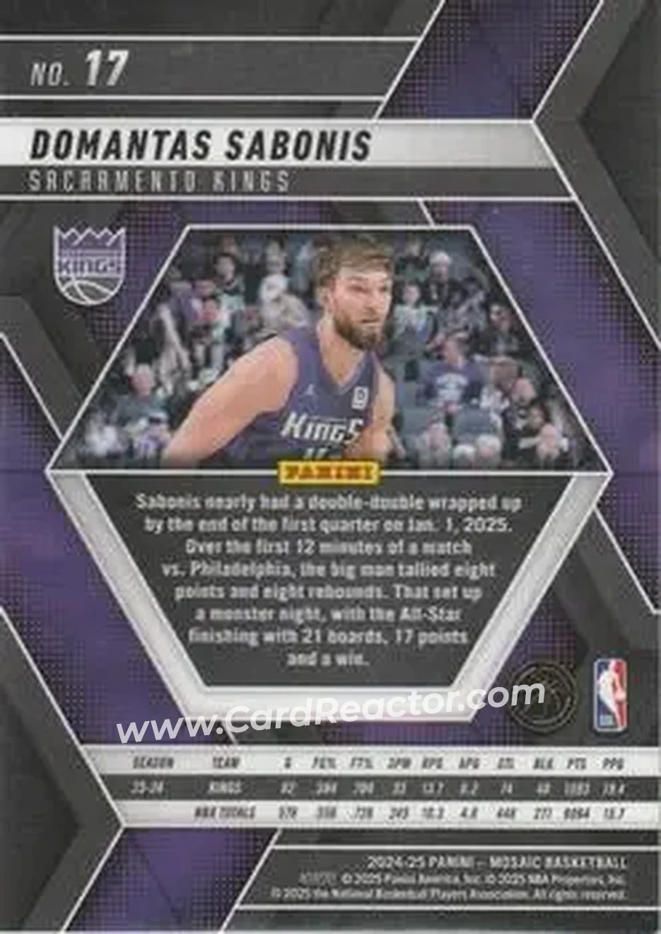 2024-25 Panini Mosaic #17 - Domantas Sabonis - Sacramento Kings - Back
