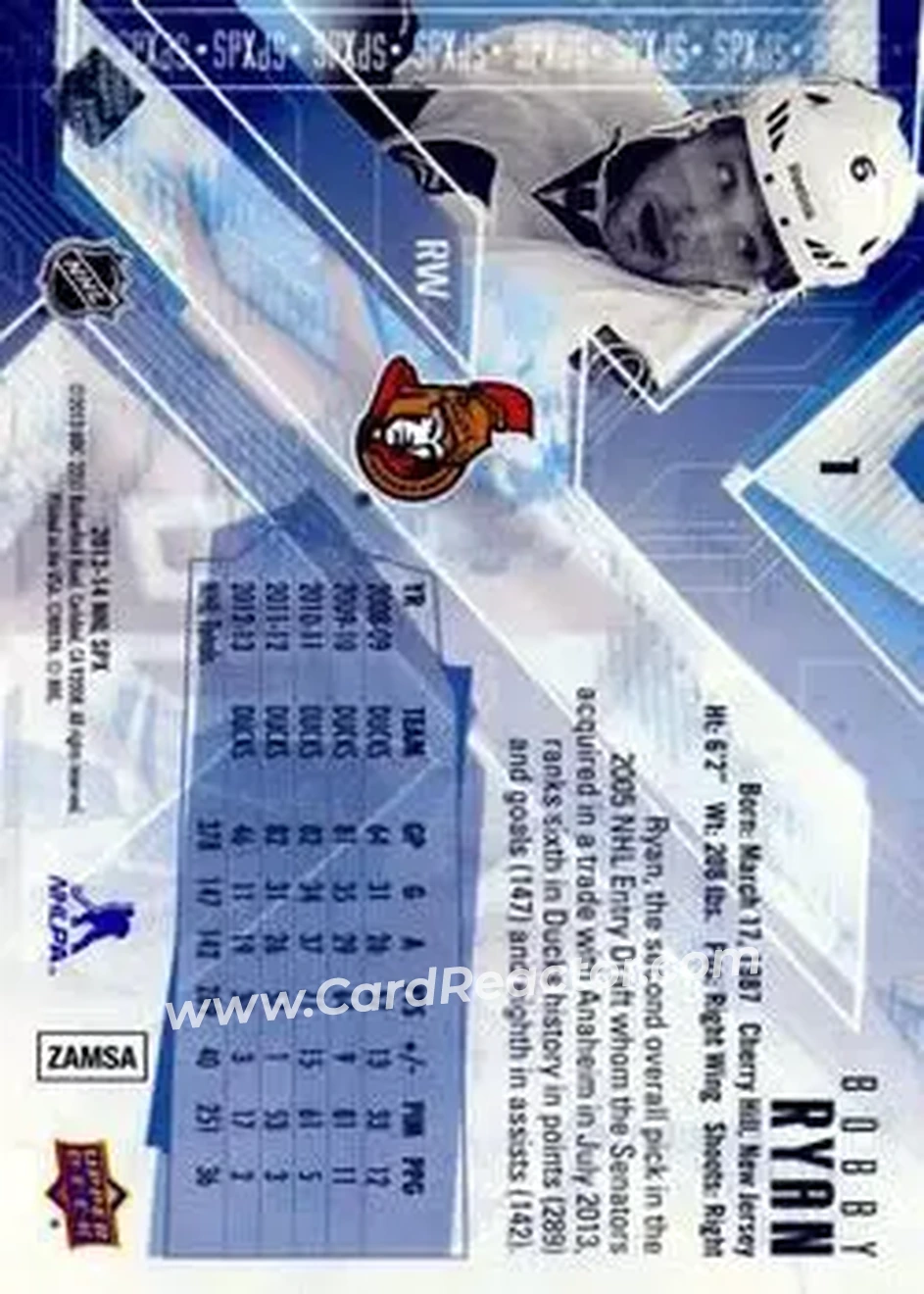2013-14 SPx #1 - Bobby Ryan - Ottawa Senators - Back