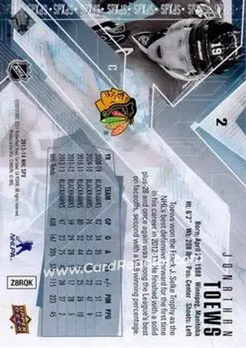 2013-14 SPx #2 - Jonathan Toews - Chicago Blackhawks - Back