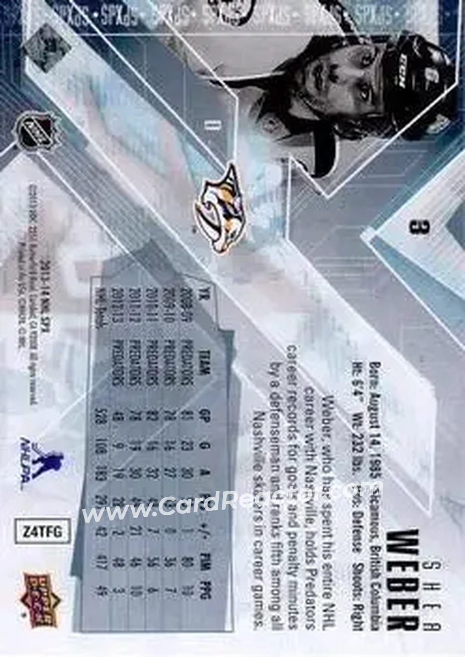 2013-14 SPx #3 - Shea Weber - Nashville Predators - Back 2013-14 SPx #3 - Shea Weber - Nashville Predators - Back