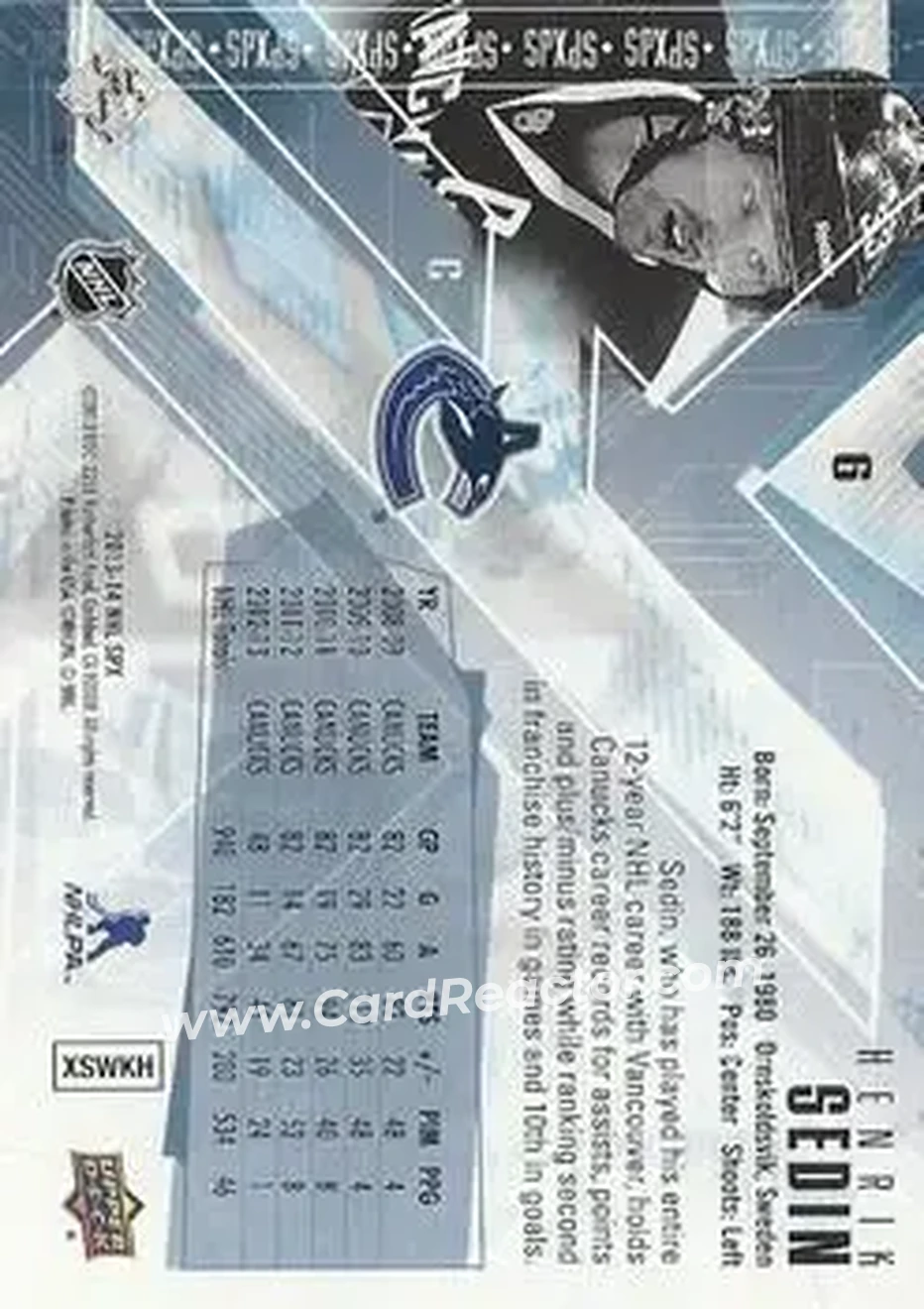 2013-14 SPx #6 - Henrik Sedin - Vancouver Canucks - Back