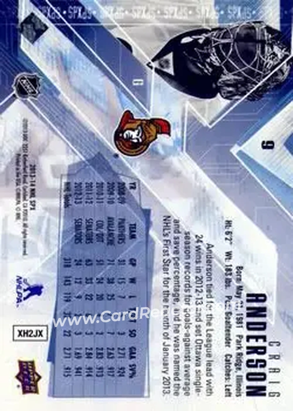 2013-14 SPx #9 - Craig Anderson - Ottawa Senators - Back