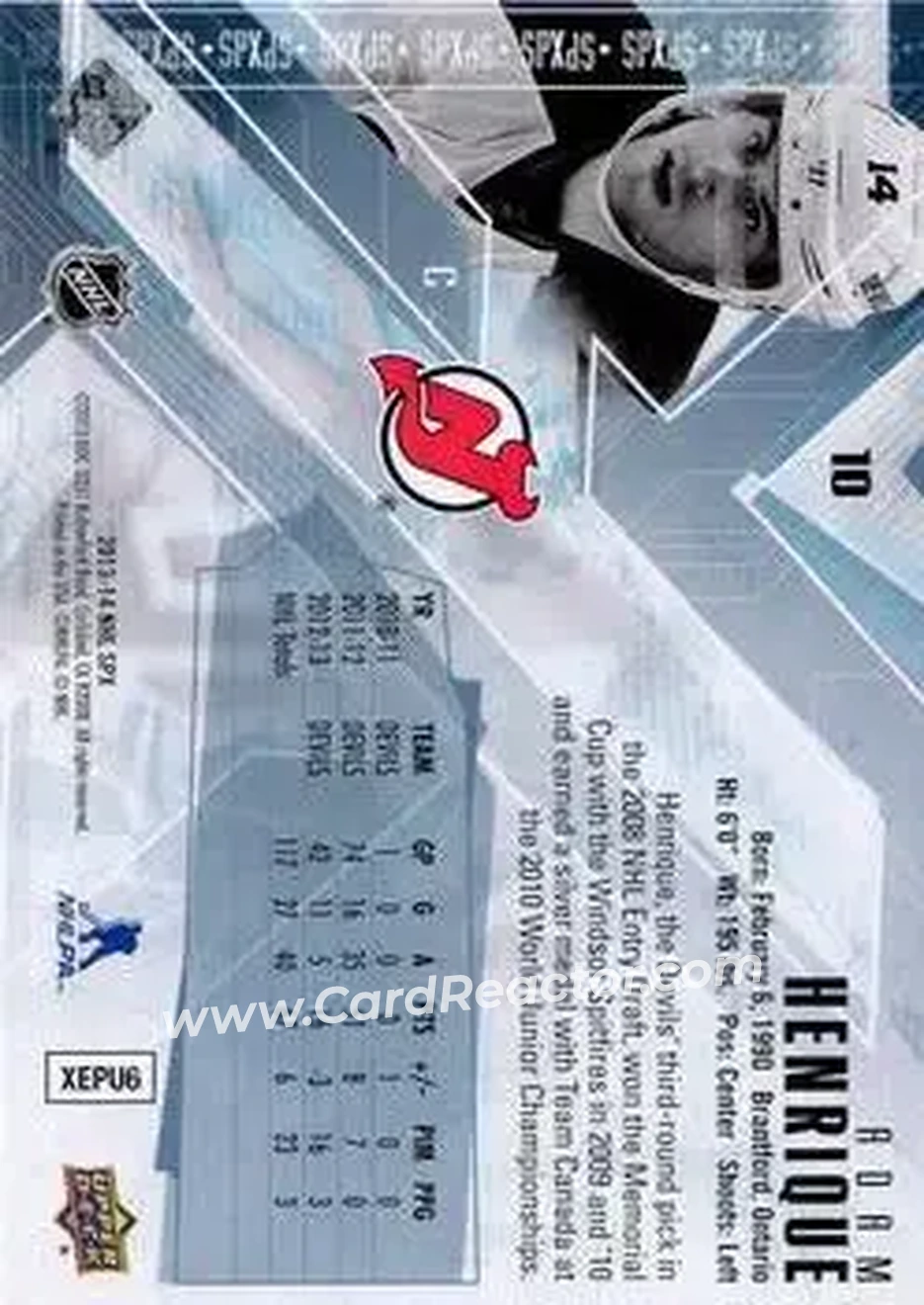2013-14 SPx #10 - Adam Henrique - New Jersey Devils - Back