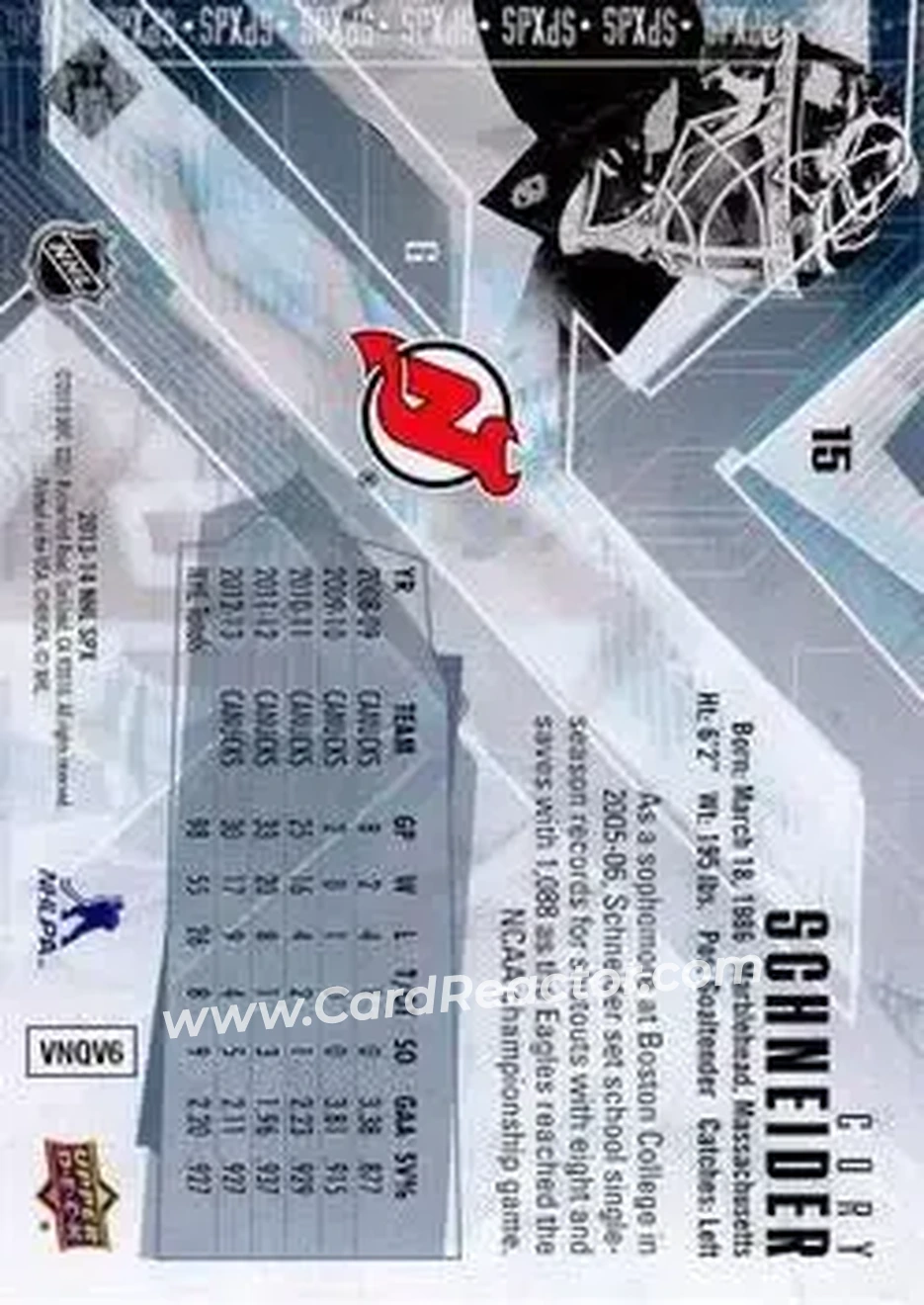 2013-14 SPx #15 - Cory Schneider - New Jersey Devils - Back