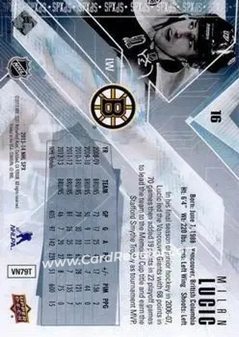 2013-14 SPx #16 - Milan Lucic - Boston Bruins - Back