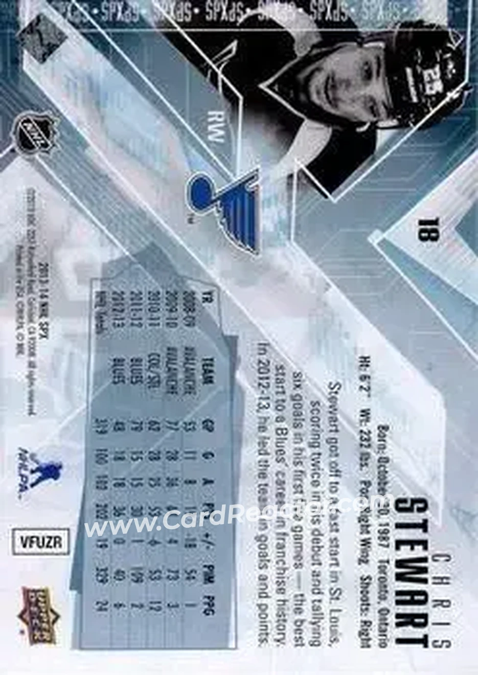 2013-14 SPx #18 - Chris Stewart - St. Louis Blues - Back