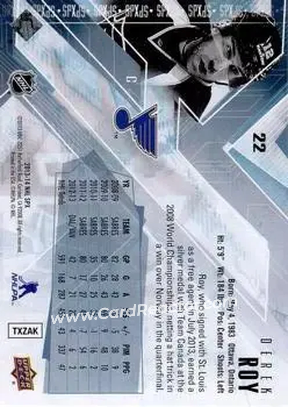 2013-14 SPx #22 - Derek Roy - St. Louis Blues - Back