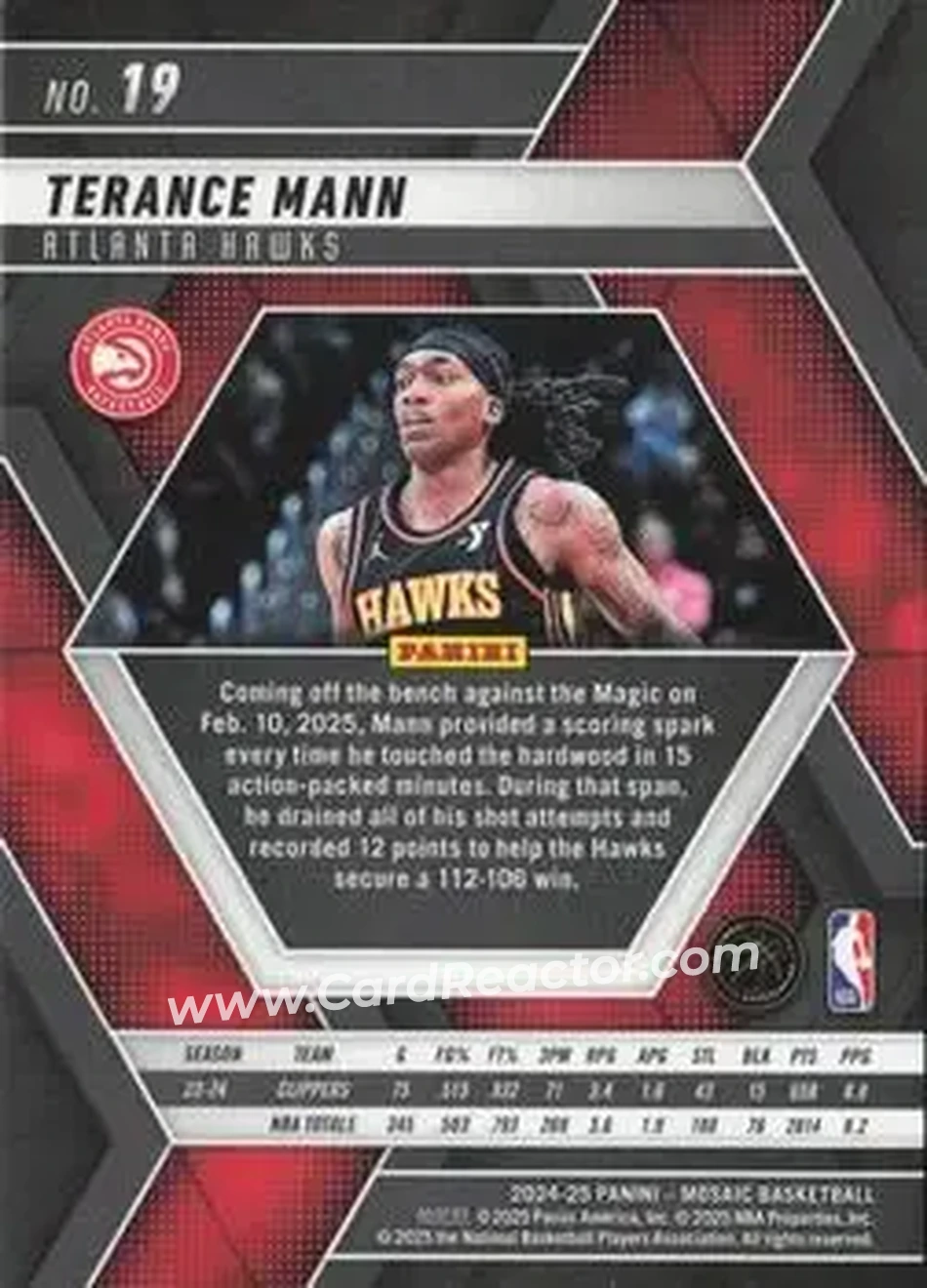 2024-25 Panini Mosaic #19 - Terance Mann - Atlanta Hawks - Back