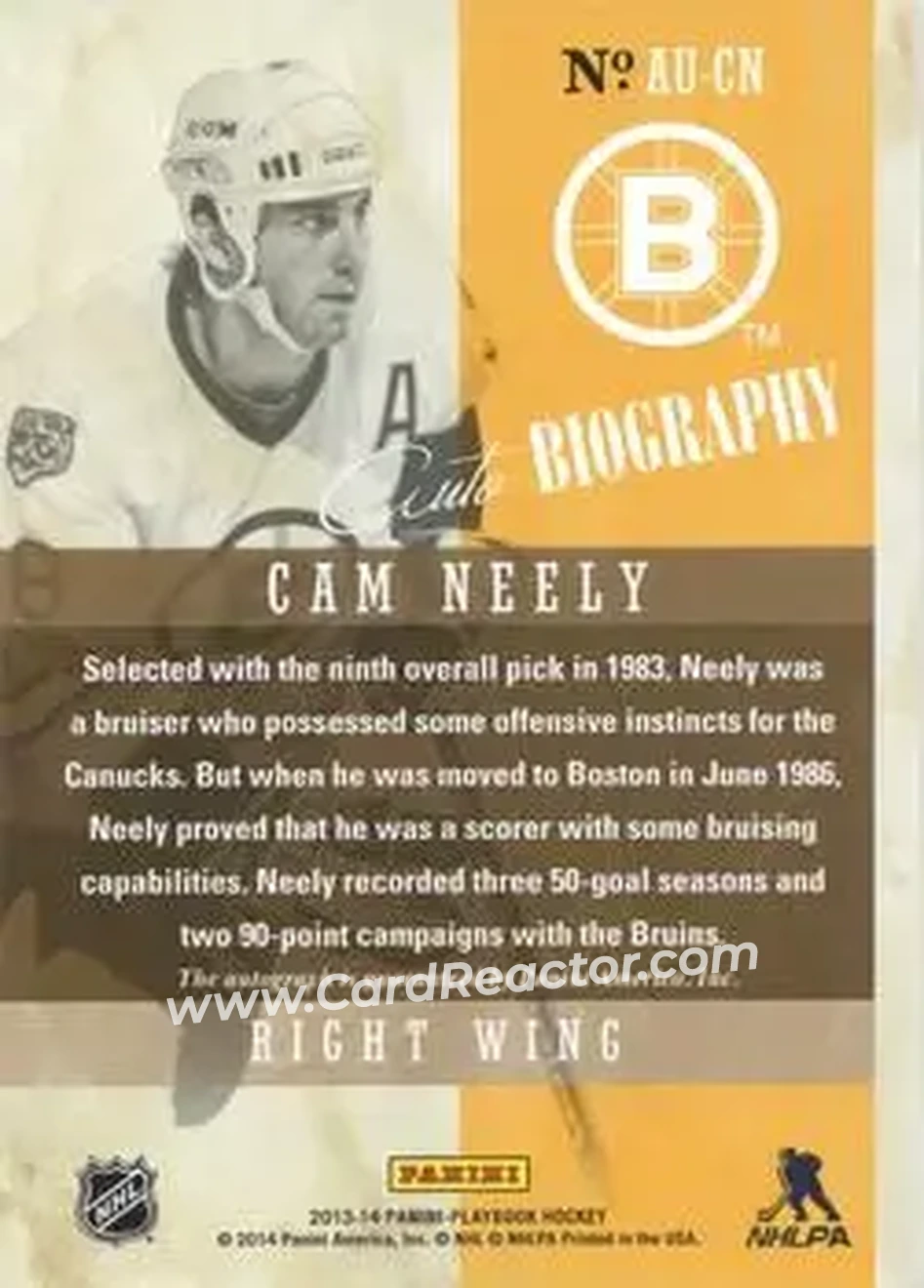 2013-14 Panini Playbook - AUTObiography #AU-CN - Cam Neely - Boston Bruins - Back