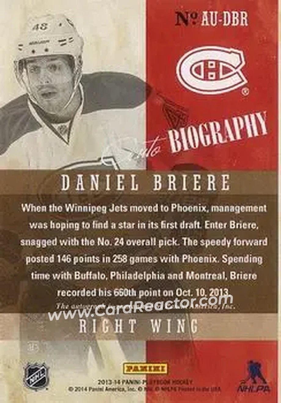 2013-14 Panini Playbook - AUTObiography #AU-DBR - Daniel Briere - Montreal Canadiens - Back