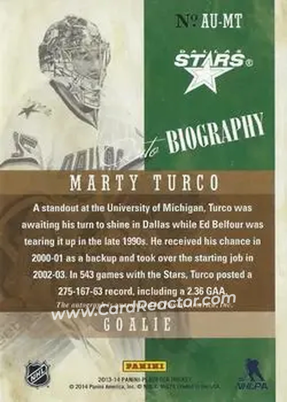 2013-14 Panini Playbook - AUTObiography #AU-MT - Marty Turco - Dallas Stars - Back