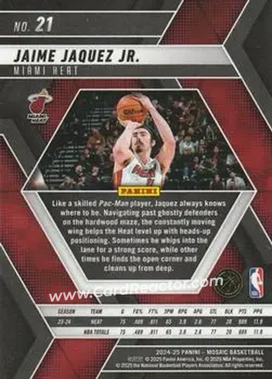 2024-25 Panini Mosaic #21 - Jaime Jaquez Jr. - Miami Heat - Back
