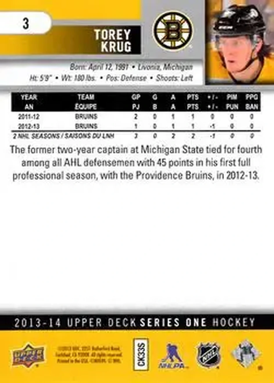 2013-14 Upper Deck #3 - Torey Krug - Boston Bruins - Back