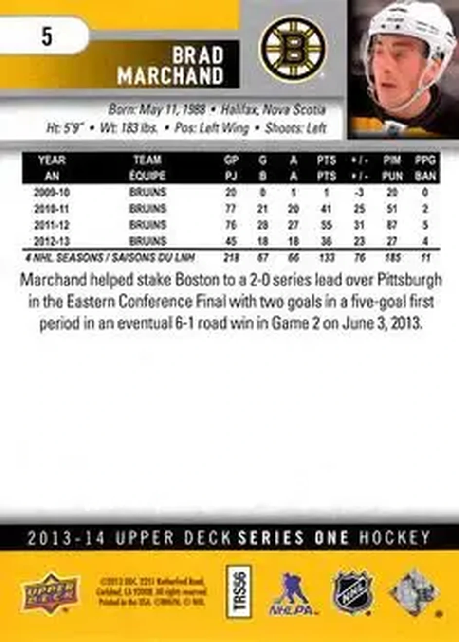 2013-14 Upper Deck #5 - Brad Marchand - Boston Bruins - Back