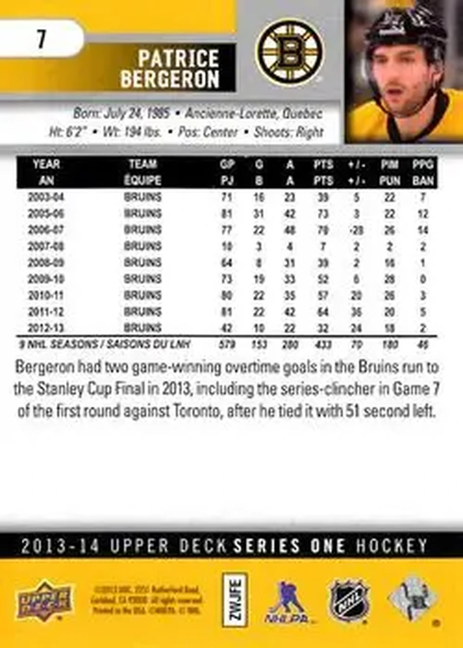 2013-14 Upper Deck #7 - Patrice Bergeron - Boston Bruins - Back