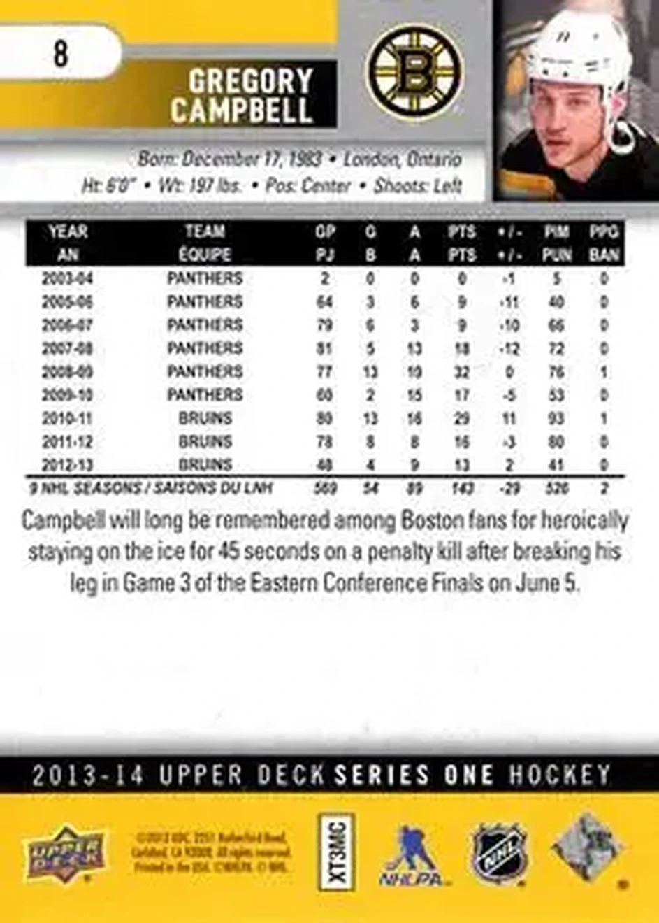 2013-14 Upper Deck #8 - Gregory Campbell - Boston Bruins - Back