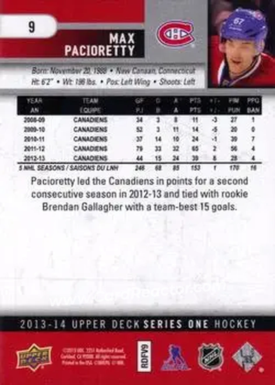 2013-14 Upper Deck #9 - Max Pacioretty - Montreal Canadiens - Back