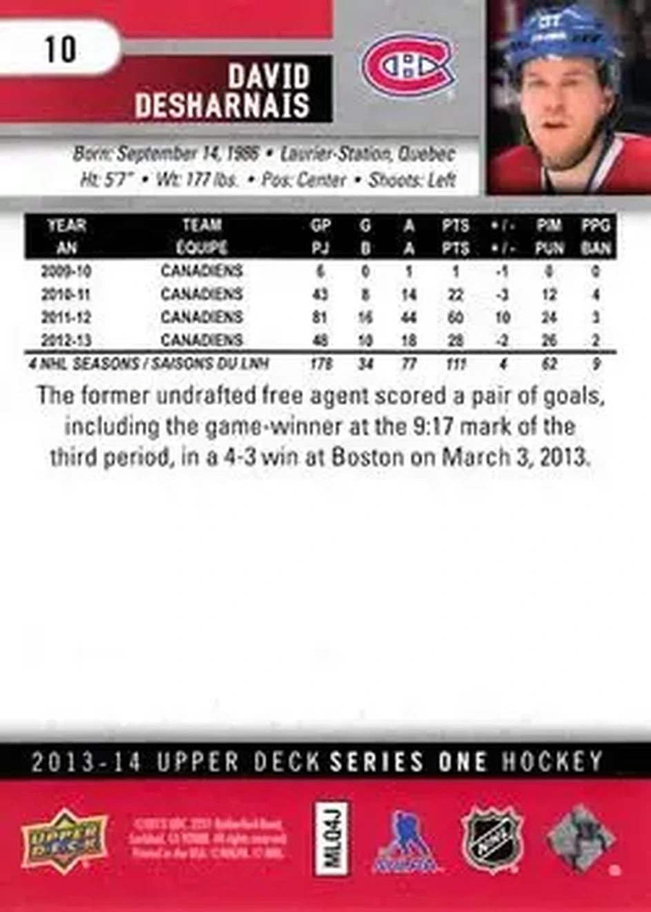2013-14 Upper Deck #10 - David Desharnais - Montreal Canadiens - Back