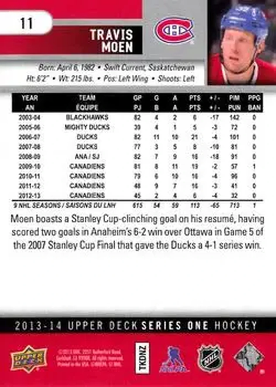 2013-14 Upper Deck #11 - Travis Moen - Montreal Canadiens - Back