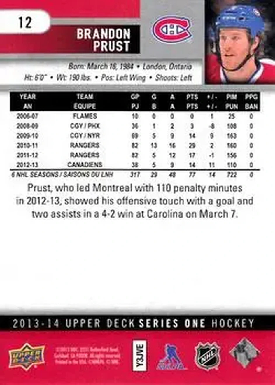 2013-14 Upper Deck #12 - Brandon Prust - Montreal Canadiens - Back