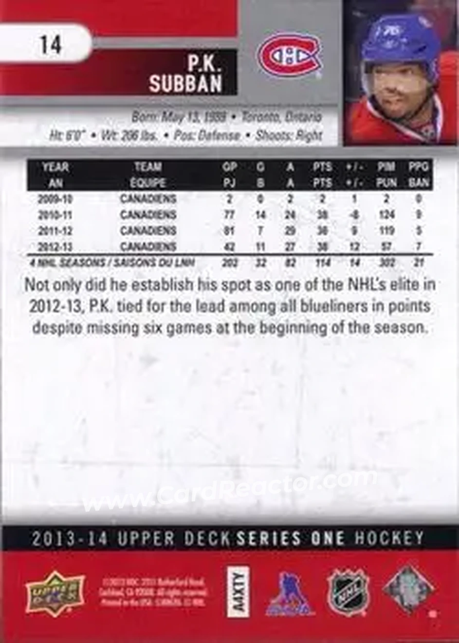 2013-14 Upper Deck #14 - P.K. Subban - Montreal Canadiens - Back