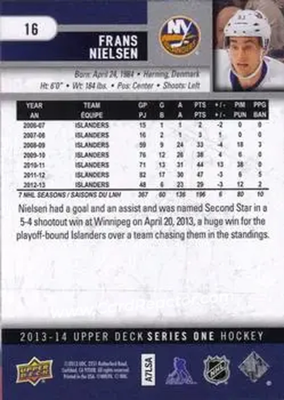 2013-14 Upper Deck #16 - Frans Nielsen - New York Islanders - Back