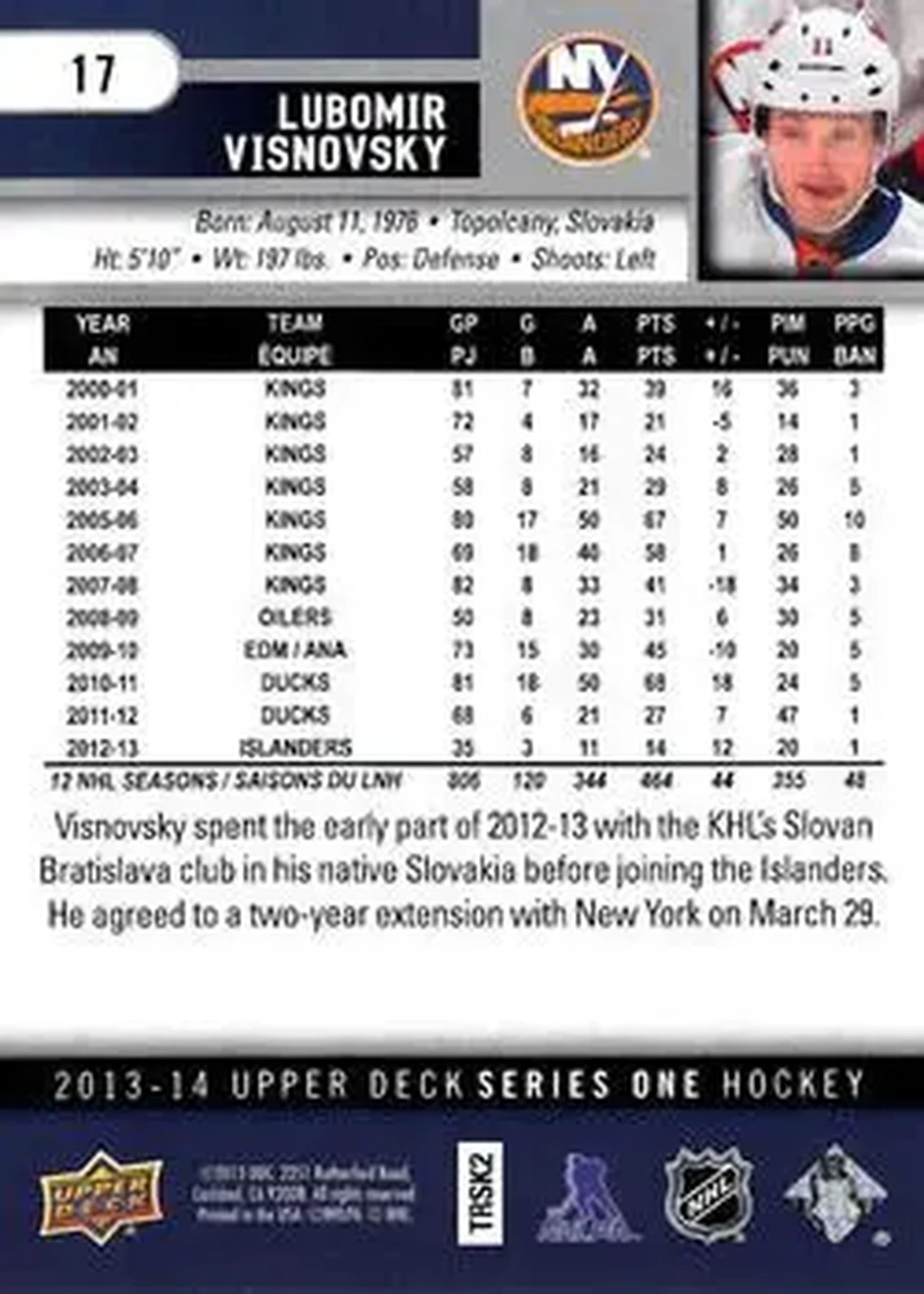 2013-14 Upper Deck #17 - Lubomir Visnovsky - New York Islanders - Back