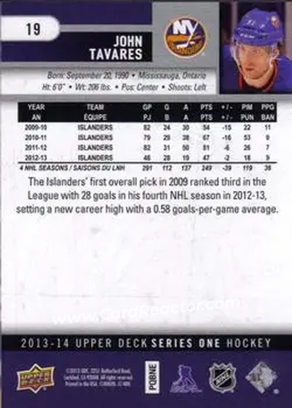 2013-14 Upper Deck #19 - John Tavares - New York Islanders - Back