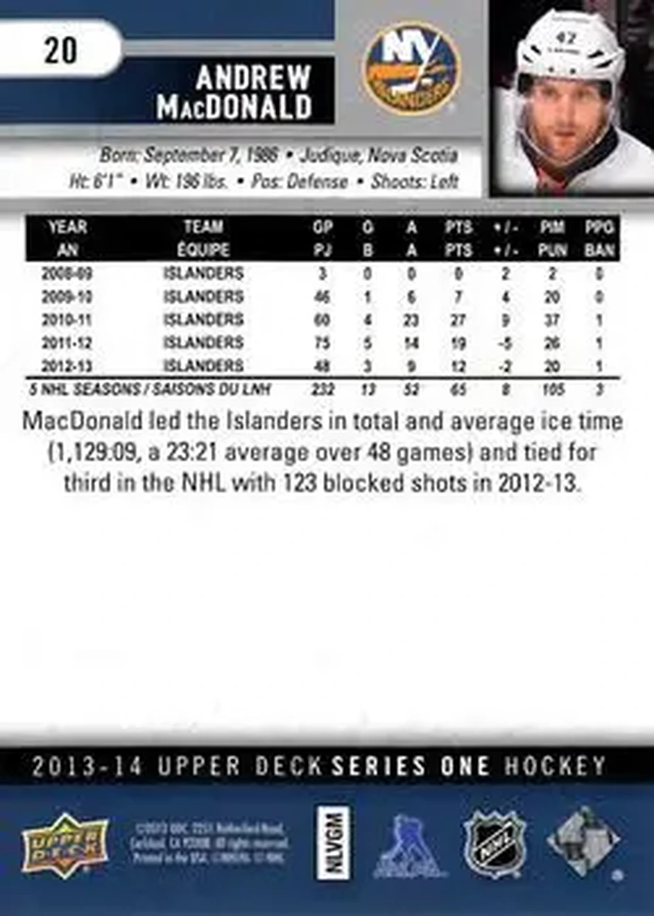 2013-14 Upper Deck #20 - Andrew MacDonald - New York Islanders - Back