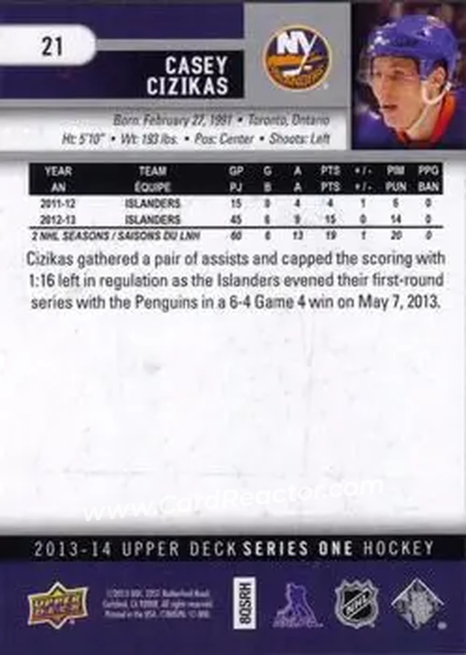 2013-14 Upper Deck #21 - Casey Cizikas - New York Islanders - Back