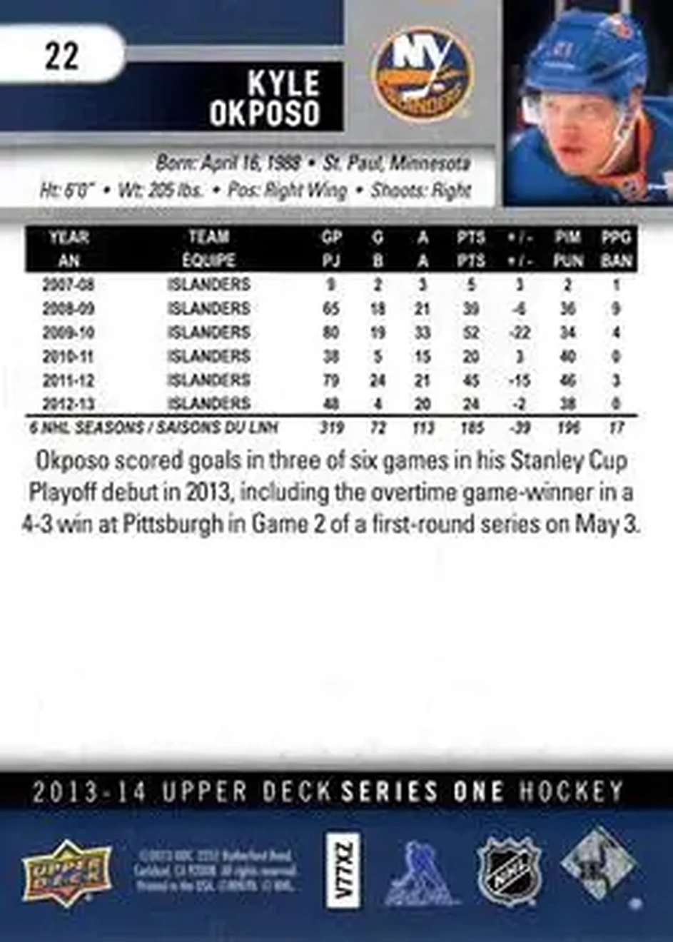 2013-14 Upper Deck #22 - Kyle Okposo - New York Islanders - Back