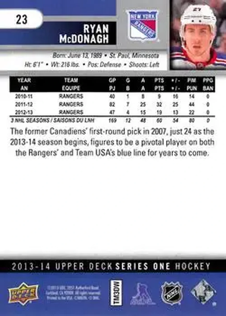 2013-14 Upper Deck #23 - Ryan McDonagh - New York Rangers - Back