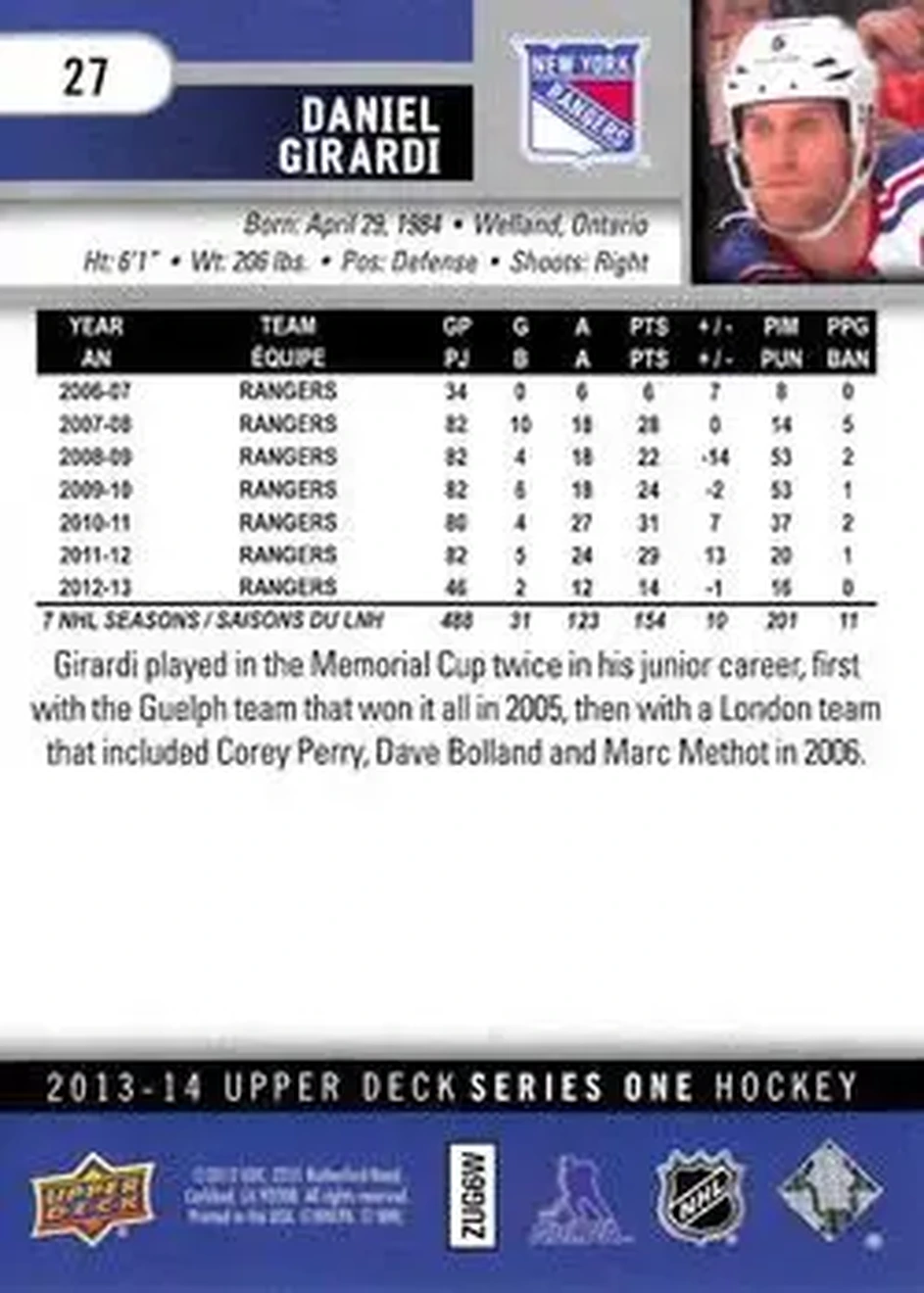 2013-14 Upper Deck #27 - Daniel Girardi - New York Rangers - Back