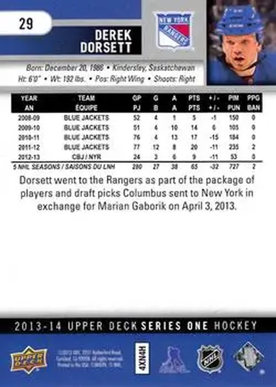 2013-14 Upper Deck #29 - Derek Dorsett - New York Rangers - Back
