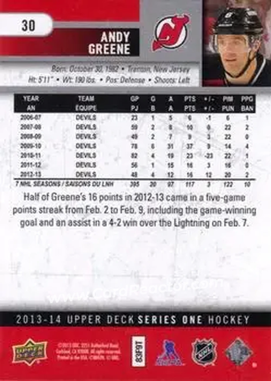 2013-14 Upper Deck #30 - Andy Greene - New Jersey Devils - Back