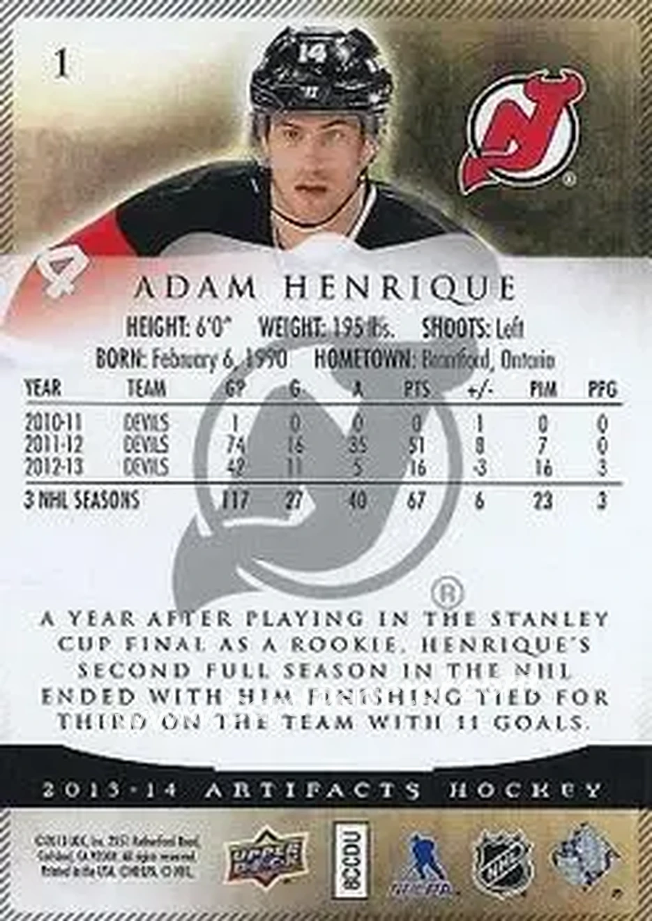 2013-14 Upper Deck Artifacts #1 - Adam Henrique - New Jersey Devils - Back