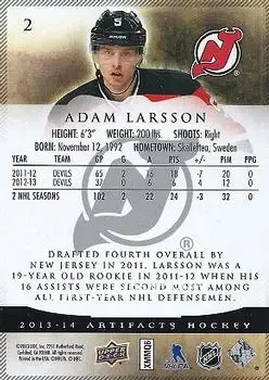 2013-14 Upper Deck Artifacts #2 - Adam Larsson - New Jersey Devils - Back