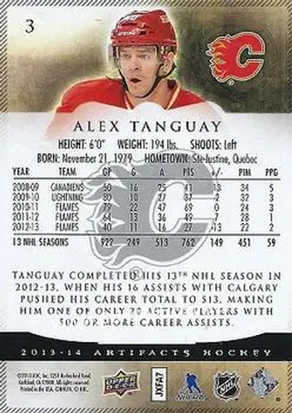 2013-14 Upper Deck Artifacts #3 - Alex Tanguay - Calgary Flames - Back